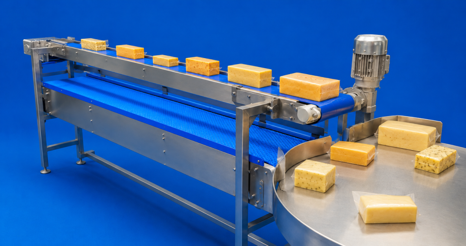 food handling conveyor with cheese